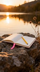 Generative AI Serene Sunset Landscape with Open Notebook and Dandelions