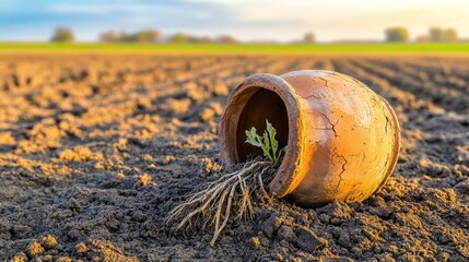 A small green plant with visible roots emerges from a cracked clay pot lying on its side in a dry, sun-baked agricultural field
