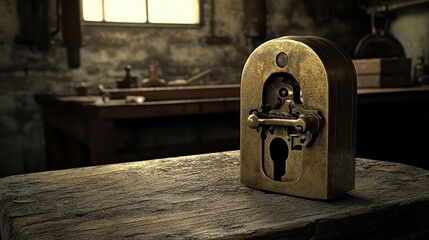 An aged brass lock with a complex internal mechanism sits on a rough wooden surface in a dimly lit workshop with dusty tools in the background