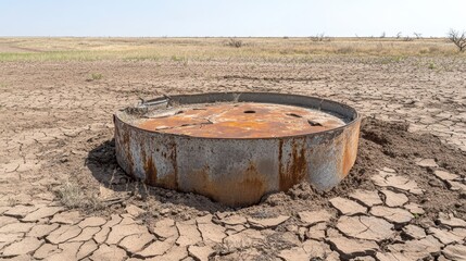 Naklejka premium An abandoned rusted metal water tank sits in a dry cracked earth landscape with peeling paint and a barren field in the background