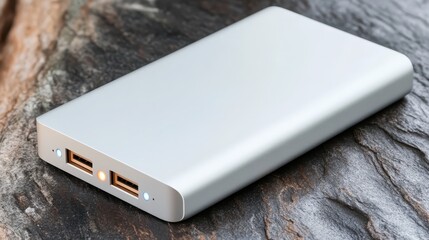 A silver portable power bank with a dim indicator light sits on a textured wooden surface
