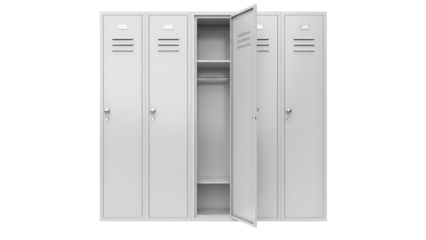 A set of metal lockers with one door ajar, suggesting transition or anticipation in a neutral space.