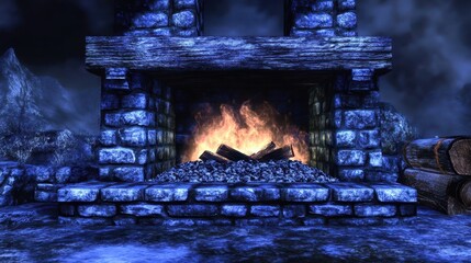 A stone fireplace crackles with vibrant flames and glowing embers casting a warm, inviting light in a dark room
