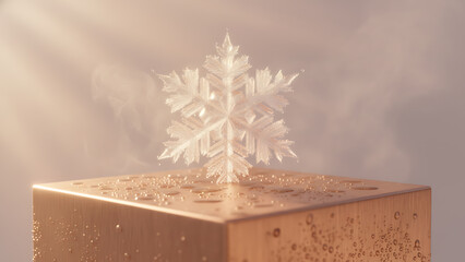 A close-up macro shot features a fuzzy white textile snowflake decoration standing upright on a wet copper or bronze surface emitting gentle steam in warm sunlight.