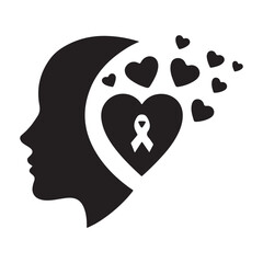 Mental Health Awareness Ribbon In Head With Hearts Vector Icon