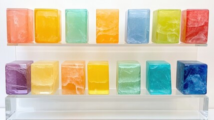 A vibrant geometric arrangement of colorful translucent acrylic blocks displayed in neat rows