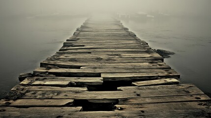 A weathered wooden pier decaying into the misty, still water