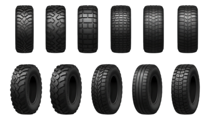 An assortment of varied tread tire designs displayed in a simple studio style against dark backdrop