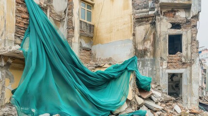 Aqua construction netting draped over debris in front of a weathered old building with visible brickwork and a window