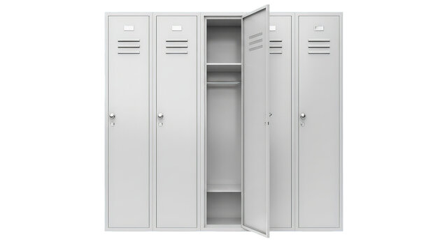 A set of metal lockers with one door ajar, suggesting transition or anticipation in a neutral space.