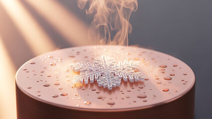 A close-up macro shot features a fuzzy white textile snowflake decoration standing upright on a wet copper or bronze surface emitting gentle steam in warm sunlight.