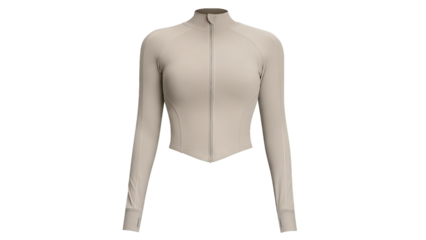 Sleek, long-sleeved beige athletic top with zipper closure displayed on transparent background.