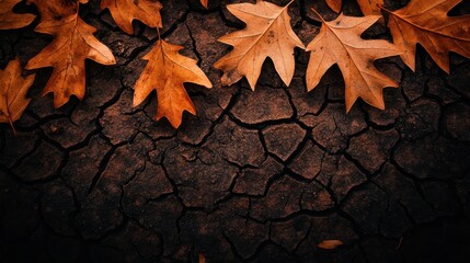 Autumn brown leaves scattered on dry cracked earth ground textured surface with natural autumnal colors