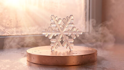 A close-up macro shot features a fuzzy white textile snowflake decoration standing upright on a wet copper or bronze surface emitting gentle steam in warm sunlight.