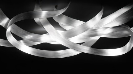 An abstract sculpture of intertwined brushed aluminum ribbons with flowing curves and sharp contrasts in light and shadow