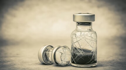 Broken Glass Vial Containing Dark Viscous Liquid On Surface