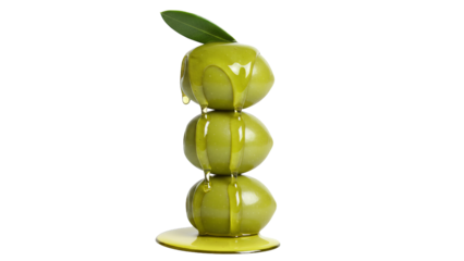 Three green olives are stacked and drizzled with oil, topped with one olive leaf on a dark field.