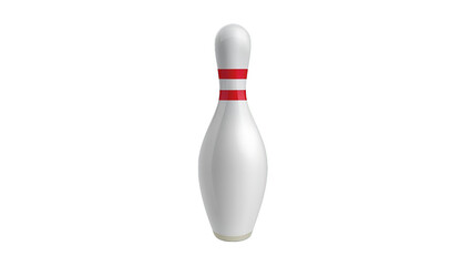 A solitary white bowling pin with two red stripes stands centered against a solid backdrop.