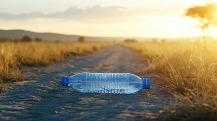 An empty blue plastic water bottle lies discarded on a dusty road during a warm sunset with dry grass fields stretching into the distance