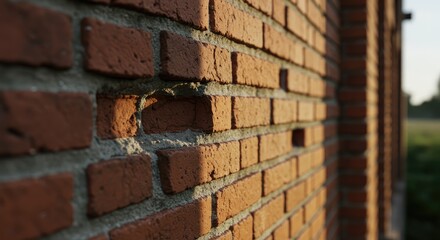 Close-up view of a brick wall, with shadows and gaps between bricks.  A portion of a field is slightly visible in the background