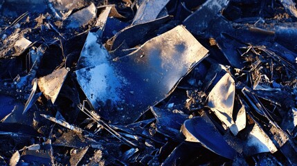 Close up of twisted metal fragments from structural collapse wreckage and debris