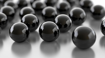 An array of perfectly spherical polished obsidian marbles reflecting light