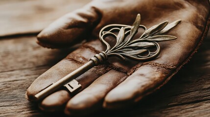 An antique bronze key with an ornate olive branch design rests in an open palm displaying intricate details and a vintage texture