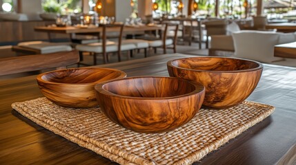 Close up of wooden bowls on placemat at restaurant