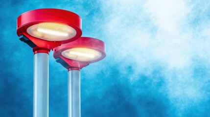 Bright red emergency lighting units with illuminated lamps mounted on poles against a blue sky
