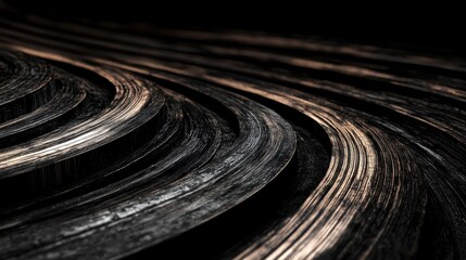 Abstract circular metallic rings with a textured surface creating a rhythmic pattern and flowing curves illuminated by dramatic light and shadow