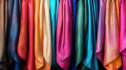An assortment of vibrant silk scarves draped artfully displaying a rainbow of rich colors and intricate patterns