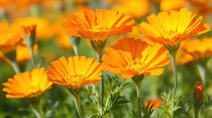 Close view of beautiful orange marigold flowers blooming outdoors