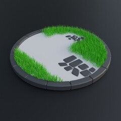 Stylized Circular Terrain with Grass and Stones
Minimalist circular terrain model featuring vibrant green grass, smooth white surface, and two distinct stone textures &mdash; rounded pebbles and flat paving