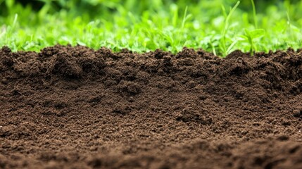Close up view of rich brown soil layers with green grass growing above showing fertile earth texture
