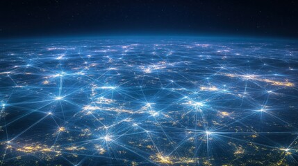 Abstract representation of global trade routes and interconnected networks of light across the earth at night