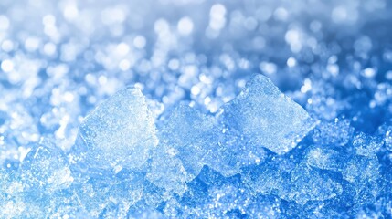 Crystal clear glacier ice fragments reflecting and refracting light creating a bright blue and white cool texture