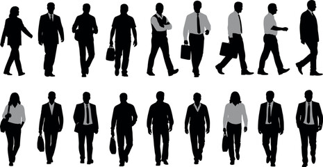 Collection of professional business people silhouettes walking and standing in formal corporate attire for office career and workplace vector concepts