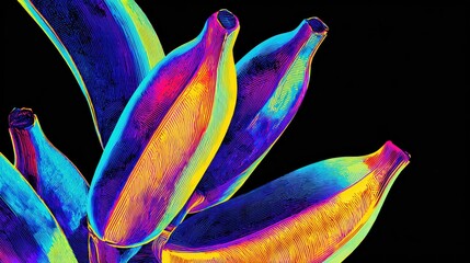 Banana in neon rainbow colors on dark background,