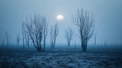 Bare winter trees shrouded in dense fog reaching towards a pale moonlit sky over a frosty landscape