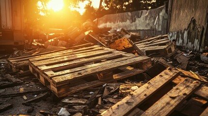 Cracked and splintered wooden pallets lie discarded in a pile outdoors bathed in warm sunset sunlight
