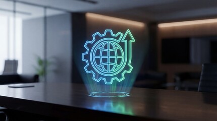Glowing Neon Globe and Gear Icon on Meeting Room Table for International Business