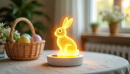 Glowing golden Easter bunny hologram sitting on a white table near basket of eggs, festive spring home decoration, holiday greeting card, or seasonal marketing campaign. 