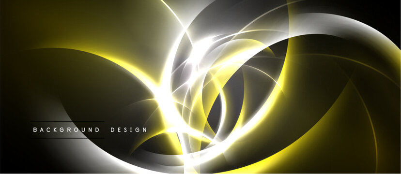 Abstract dynamic lines create glowing effect. Yellow, white, gray colors blend, forming elegant composition. Modern design element.