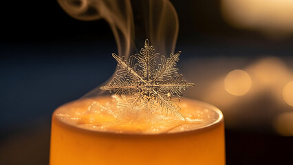 Extreme macro close-up photograph featuring a delicate clear artificial snowflake perched upon a brightly illuminated, warm orange cylindrical surface generating visible steam or vapor plumes in the d
