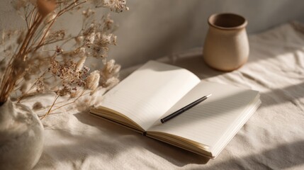 Open blank notebook with pen on a soft fabric surface