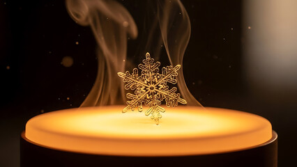 Extreme macro close-up photograph featuring a delicate clear artificial snowflake perched upon a brightly illuminated, warm orange cylindrical surface generating visible steam or vapor plumes in the d