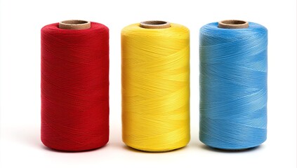 Three vibrant spools of red, yellow, and blue sewing thread standing upright on a white background.