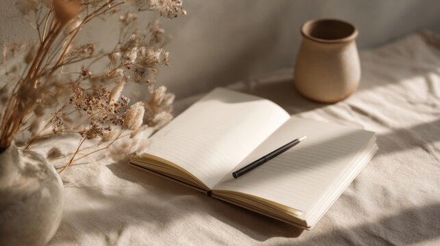 Open blank notebook with pen on a soft fabric surface