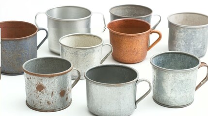Collection of Tin Cups and Bowls Arranged for a Meal