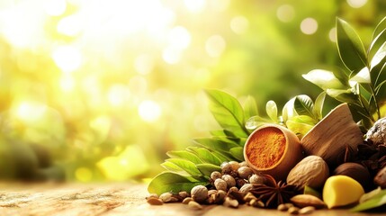 Collection of spices and herbs on a wooden surface